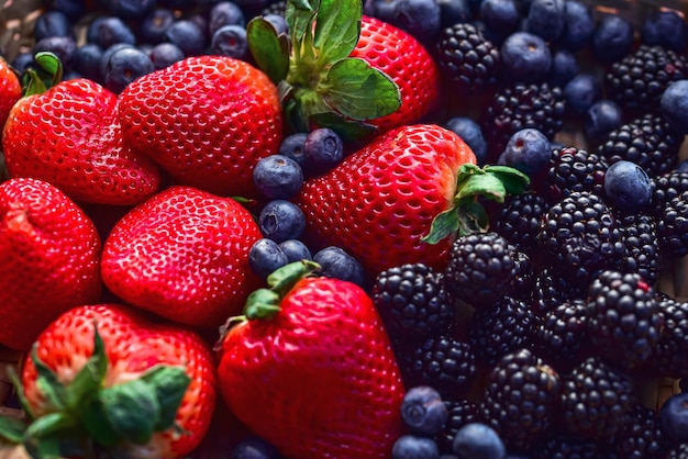 Foto cesto tessuto di fragole rosse mirtilli e more