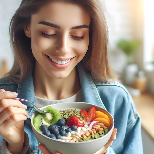 Foto giovane donna che abbraccia uno stile di vita sano wellness e vitality concept microstock image