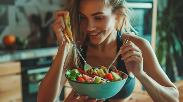 Foto giovane donna che si gode un'insalata sana dopo l'allenamento fitness e concetto di stile di vita sano