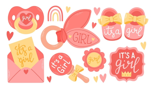 Baby girl shower party. Vector set of design elements. Pink and yellow cute collection. Baby shower 