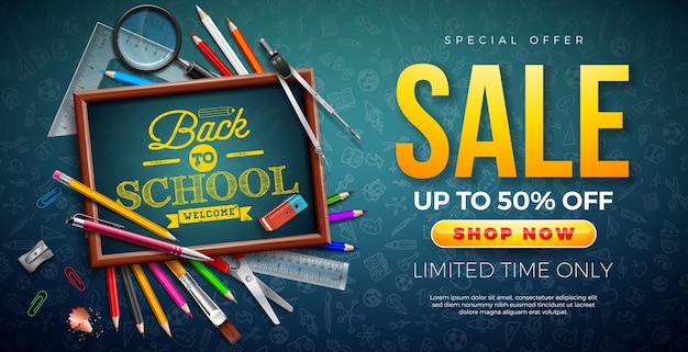 Vector back to school sale design with chalkboard and school items on blue hand drawn doodles background