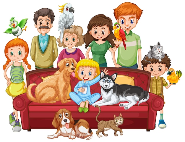 Vector big family members with many dogs