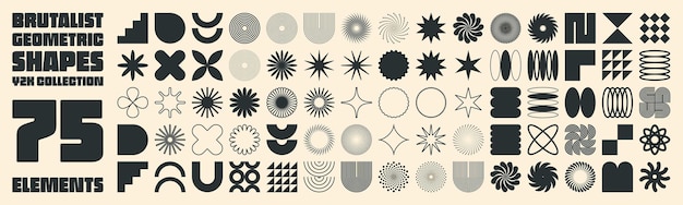 Vector brutalist geometric shapes modern symbols simple primitive elements and forms retro design trendy