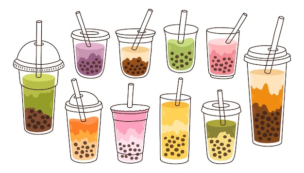 Bubble Milk Tea set Milk tea with tapioca pearls Boba tea Asian Taiwanese drink Hand drawn