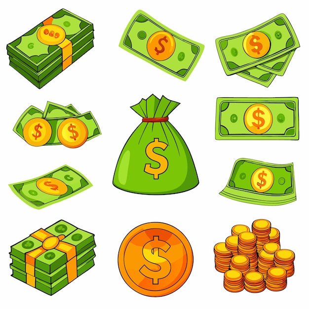 Vector cartoon money and coins fun and colorful currency illustrations for financial content