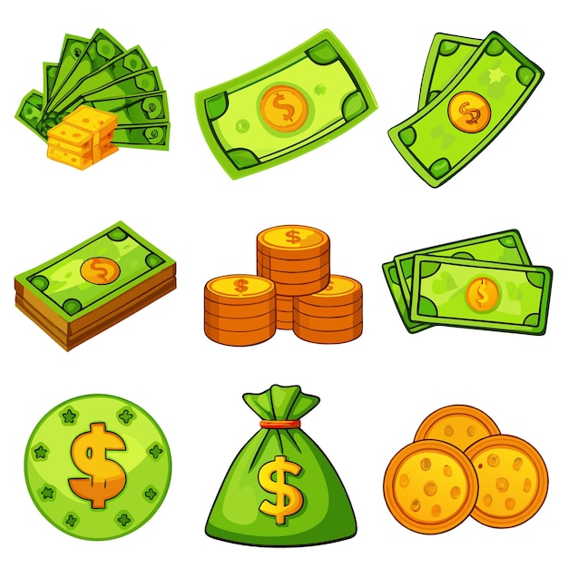 Vector cartoon money and coins fun and colorful currency illustrations for financial content