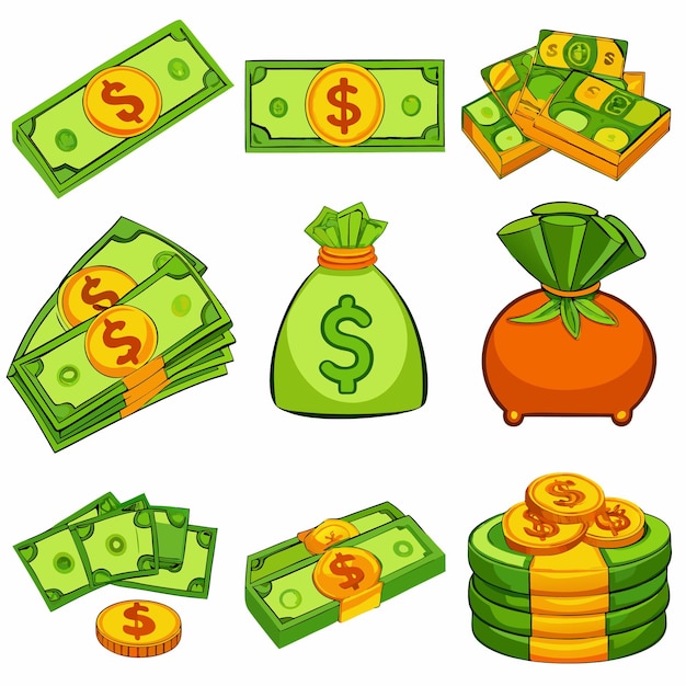 Vector cartoon money and coins fun and colorful currency illustrations for financial content