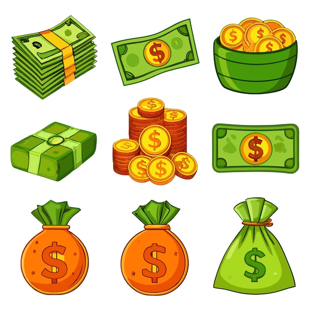 Vector cartoon money and coins fun and colorful currency illustrations for financial content