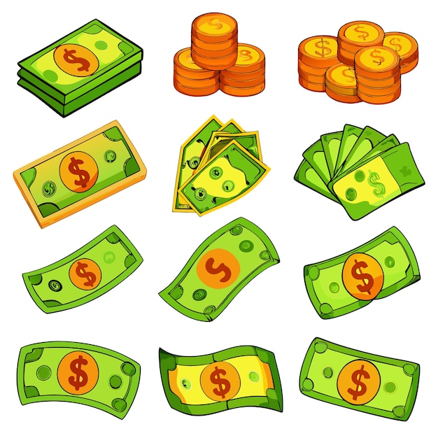 Vector cartoon money and coins fun and colorful currency illustrations for financial content