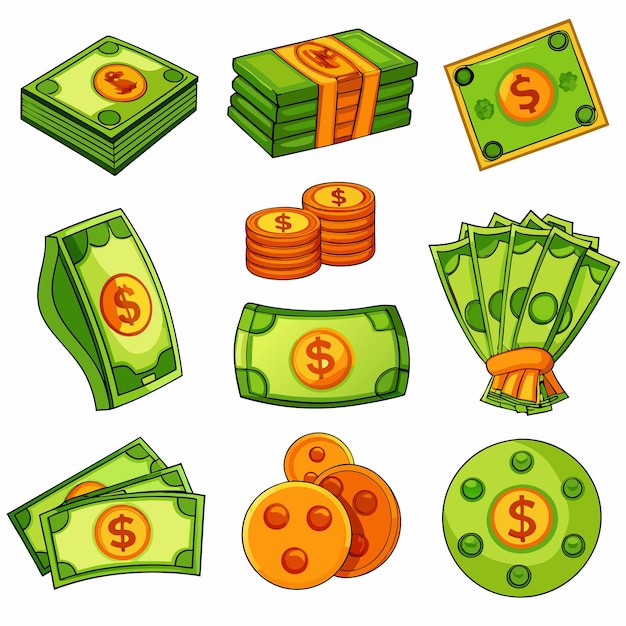 Vector cartoon money and coins fun and colorful currency illustrations for financial content