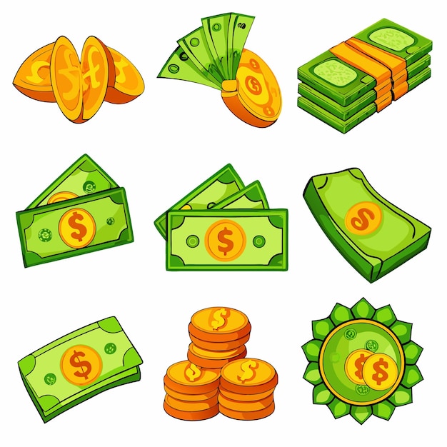 Vector cartoon money and coins fun and colorful currency illustrations for financial content