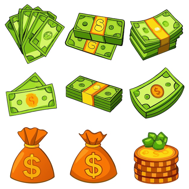 Vector cartoon money and coins fun and colorful currency illustrations for financial content