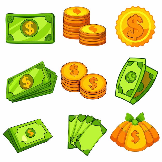 Vector cartoon money and coins fun and colorful currency illustrations for financial content