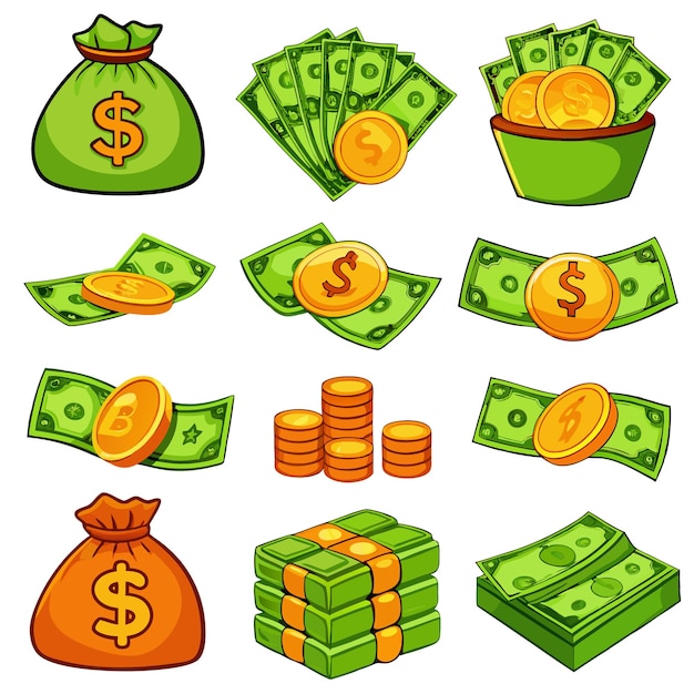 Vector cartoon money and coins fun and colorful currency illustrations for financial content