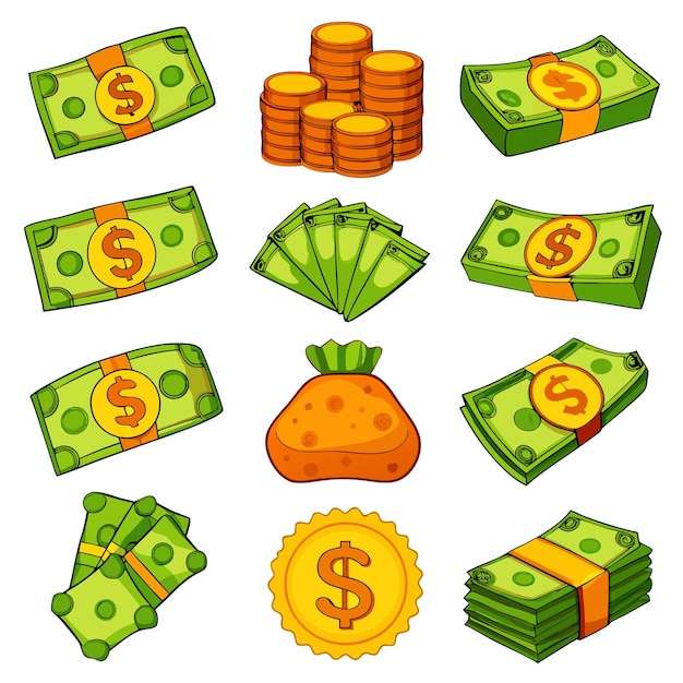 Vector cartoon money and coins fun and colorful currency illustrations for financial content