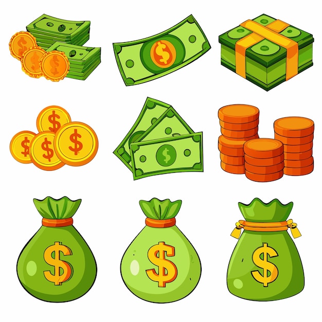 Vector cartoon money and coins fun and colorful currency illustrations for financial content