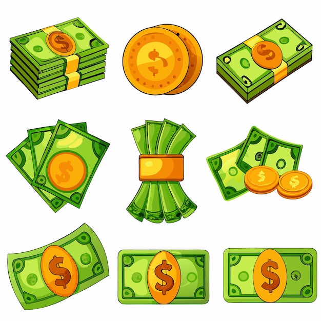 Vector cartoon money and coins fun and colorful currency illustrations for financial content