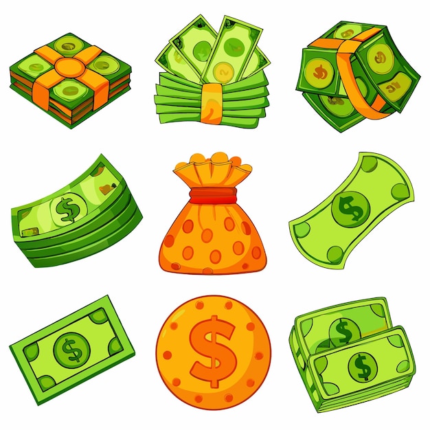 Vector cartoon money and coins fun and colorful currency illustrations for financial content