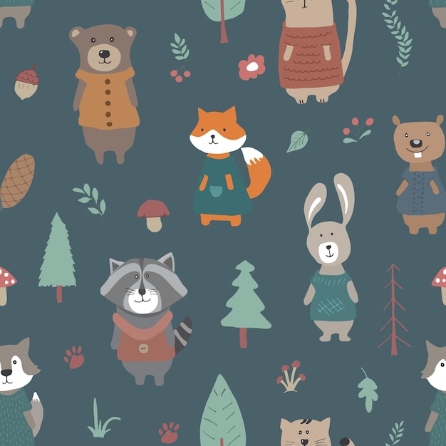 Premium Vector | Cute animals seamless pattern vector illustration