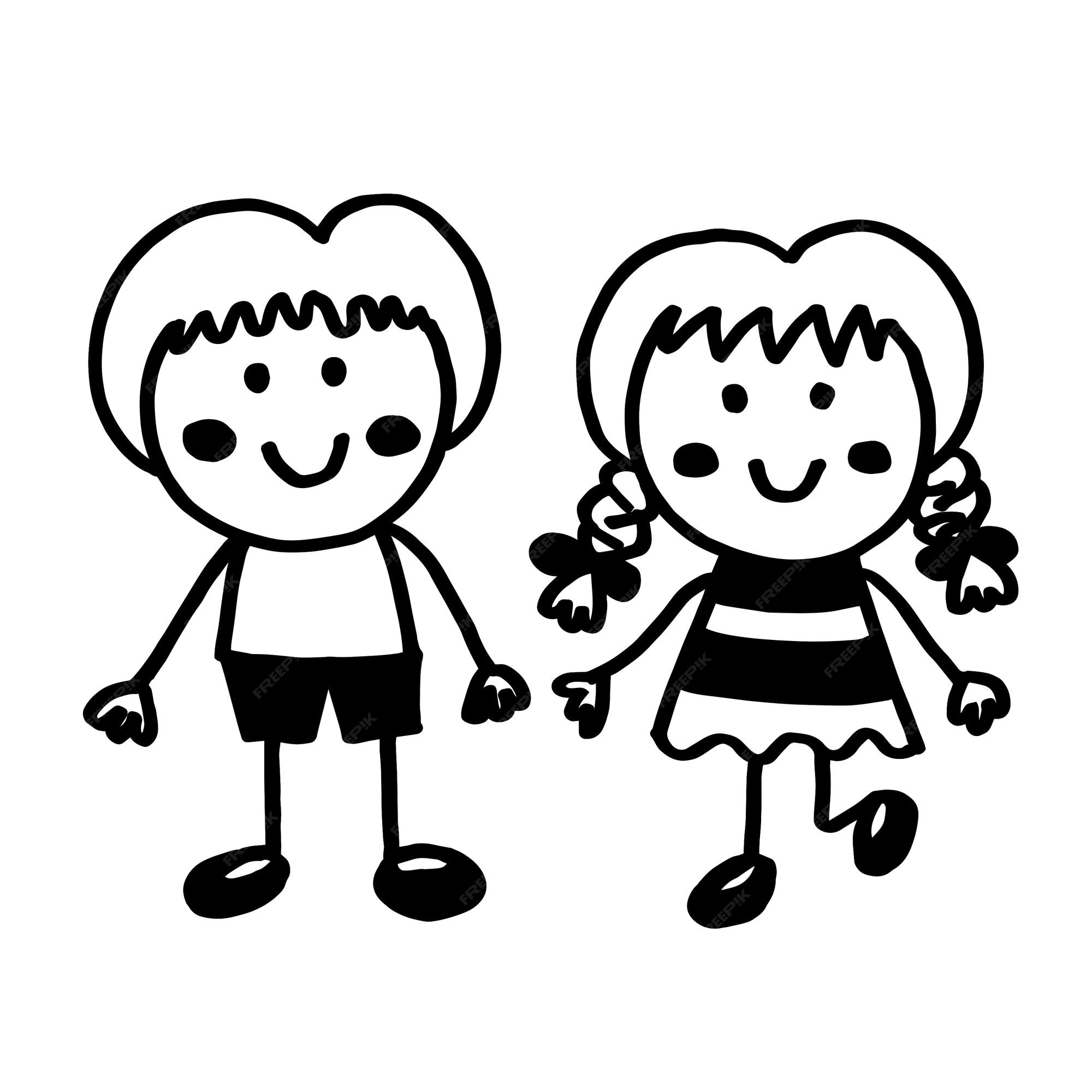 Premium Vector | Cute boy and girl doodle art cartoon hand draw black line  on white background