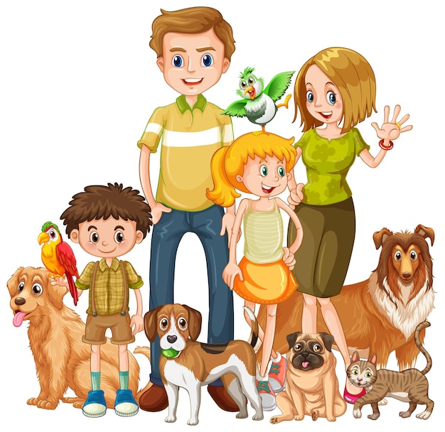 Vector family members with many dogs in cartoon style