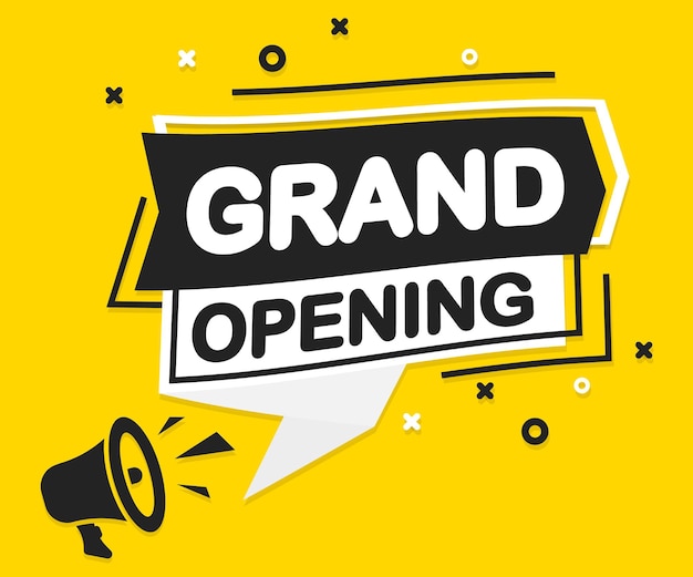 Grand opening banner with megaphone. Advertising for web background design. Festive event banner