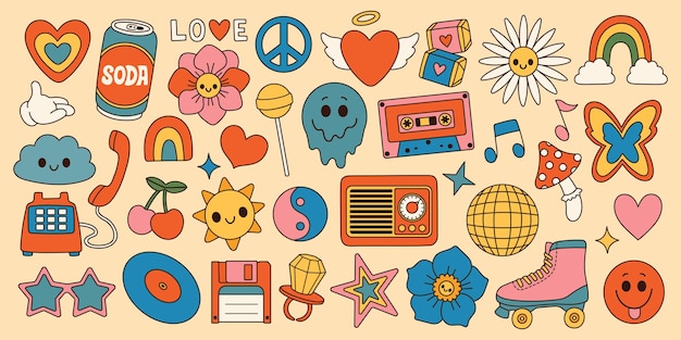 Groovy set hippie 70s. Cartoon flower rainbow peace Love heart daisy mushroom etc. Sticker pack