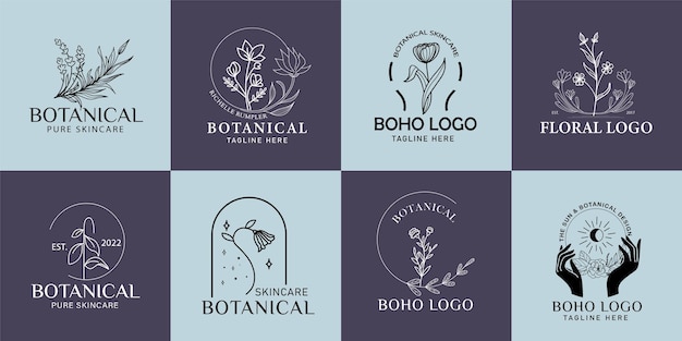 Hand drawn boho logo collection with flower, sun, moon, mountain, hand, text, butterfly