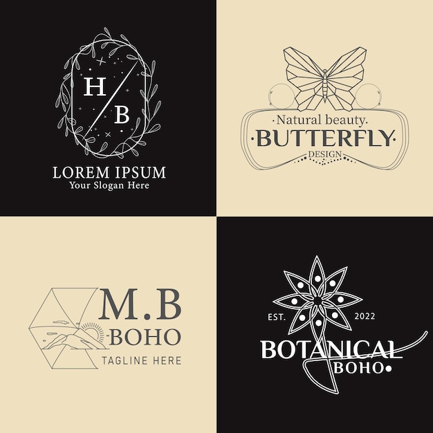 Hand drawn boho logo collection with flower, sun, moon, mountain, hand, text, butterfly