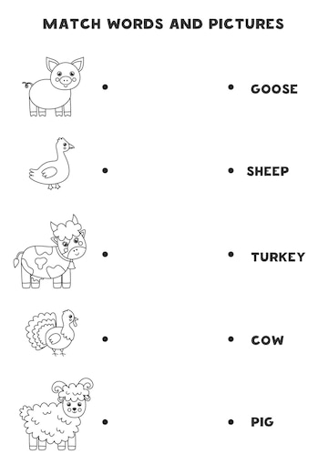 Premium Vector | Match black and white farm animals and the words ...