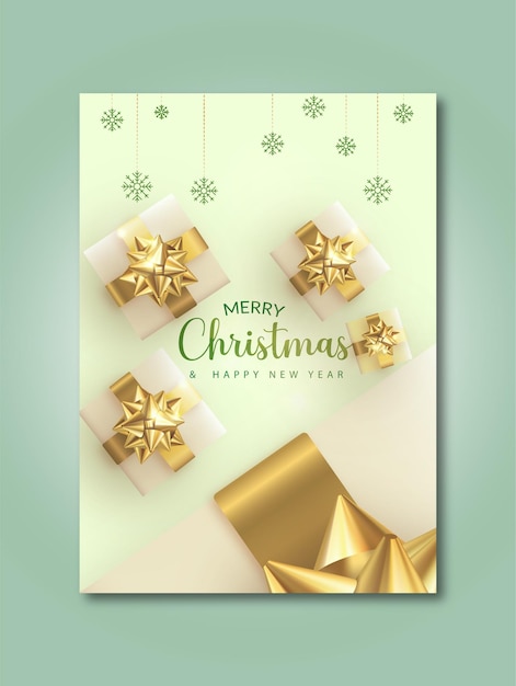 Merry Christmas and Happy New Year greeting card with snowflakes, cross, deer, gift box, tree