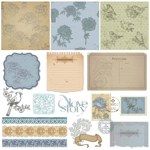 Vettore elementi di design scrapbook - set vintage di uccelli e peonia