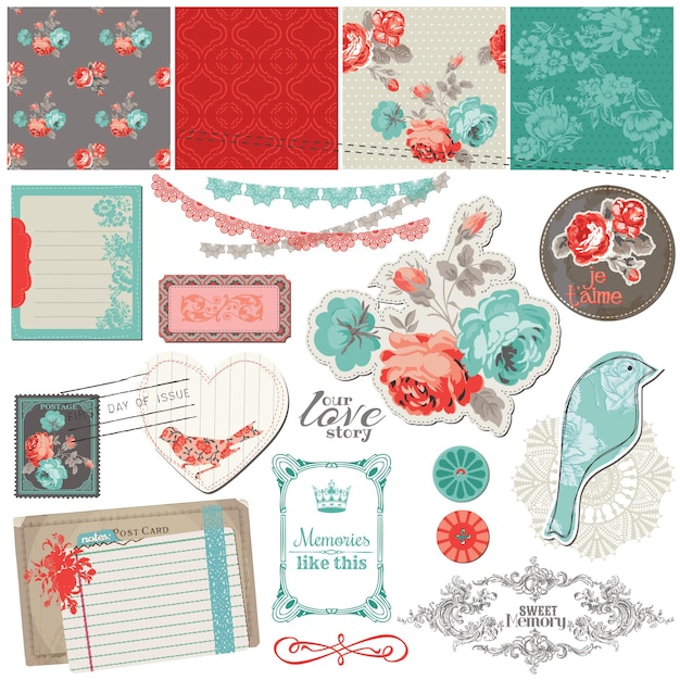 Vettore elementi di design scrapbook rose vintage