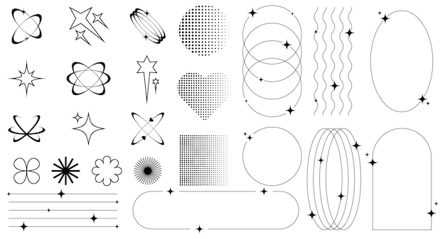 Vector set of abstract retro futuristic elements and shapes and aesthetic line frames boho brutalism y2k