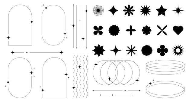 Vector set of abstract retro futuristic elements and shapes and aesthetic line frames boho brutalism y2k