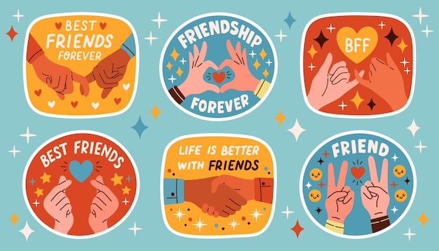 Set of stickers about friends and friendship Collection of hand drawn lettering Vector