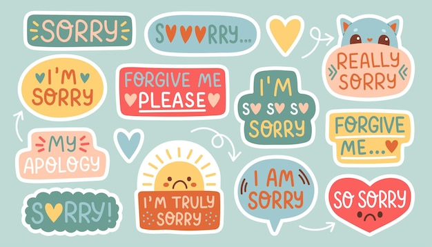 Sorry stickers set, apologize quotes vector collection. Set of hand drawn vector illustration