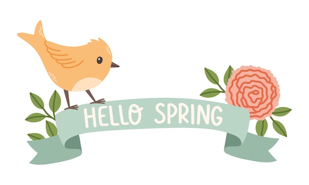 Spring label with season quotes, bird, ribbon. Hand drawn spring vector illustration.