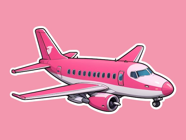 PSD adesivo di aereo rosa cartone animato con contorno bianco isolato