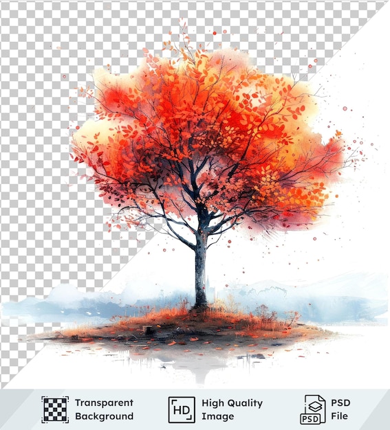 PSD arte dell'acquerello serena notte d'autunno con albero d'arancio contro il cielo bianco