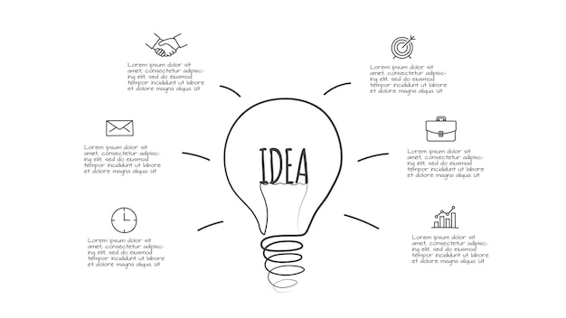 PSD doodle infografica lampadina con 6 opzioni icone disegnate a mano illustrazione al tratto sottile