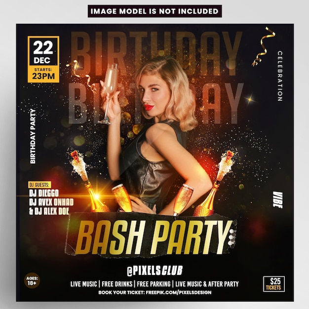 PSD plantilla de instagram para la fiesta de cumpleaños de bash