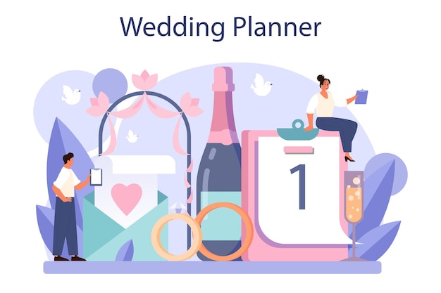 Vecteur gratuit concept de planificateur de mariage organisateur professionnel planification événement de mariage coordination de mariage mariée et fiancé illustration vectorielle plane