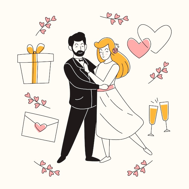 Vecteur gratuit couples de mariage dessinés à la main avec cadeau et coeurs