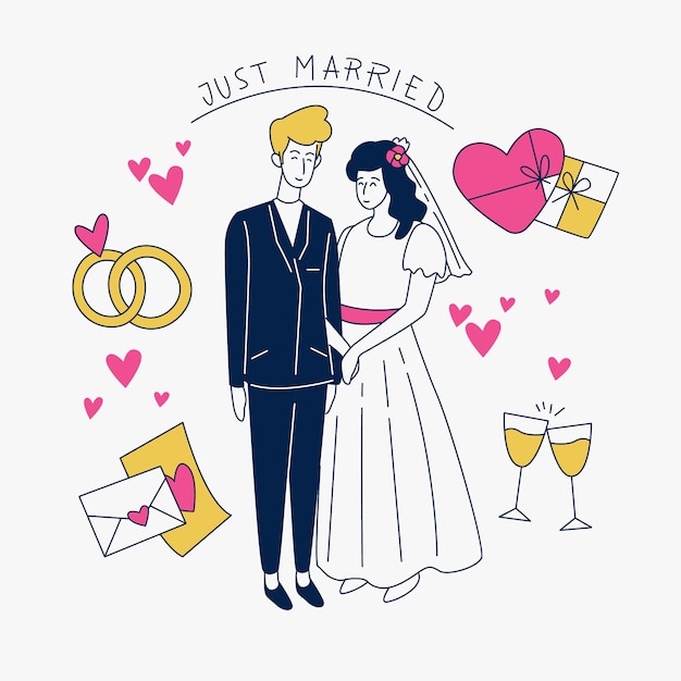 Vecteur gratuit couples de mariage dessinés à la main avec signe juste marié