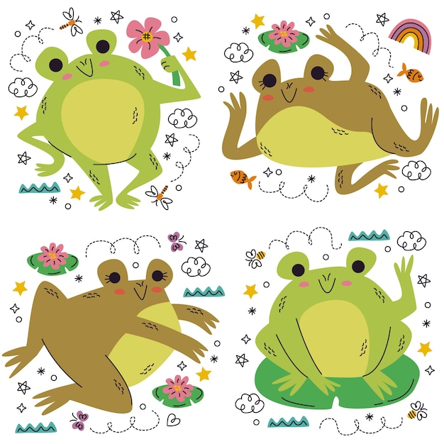 Vecteur gratuit ensemble d'autocollants de grenouille doodle dessinés à la main