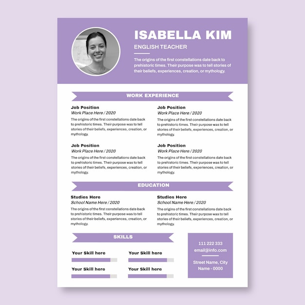 Modèle de CV du professeur d'anglais Isabella Kim