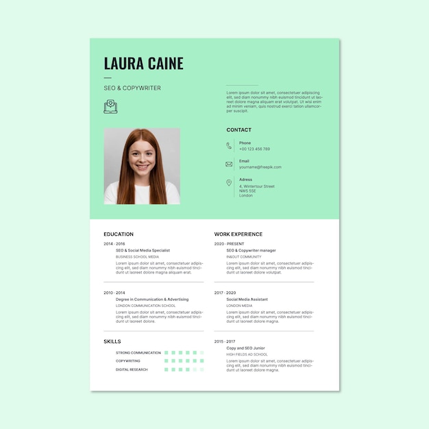 Modèle de CV publicitaire moderne et simple de Laura Copywriter & SEO