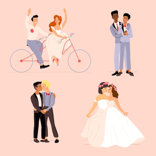 Vecteur gratuit pack de couples de mariage plat