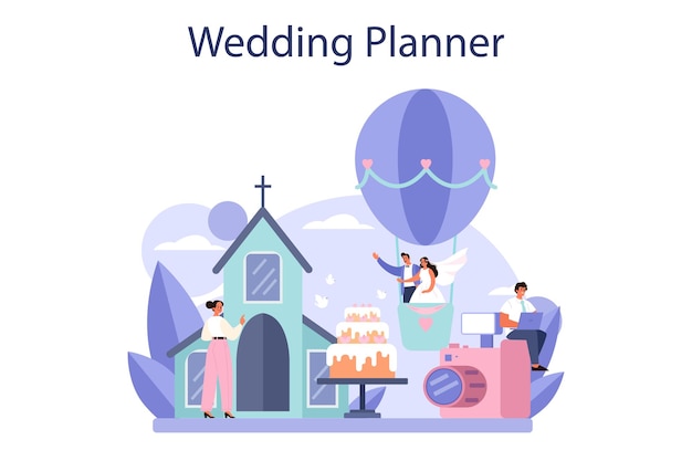 Vecteur concept de planificateur de mariage organisateur professionnel planification événement de mariage coordination de mariage mariée et fiancé illustration vectorielle plane